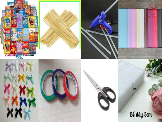 cách làm bó hoa bánh kẹo: dụng cụ chuẩn bị
